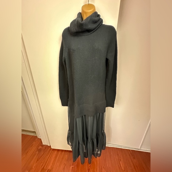 All Saints Black Tula Wool Blend Turtleneck Chunky Knit W/Mesh Skirt Dress XS - Picture 7 of 16
